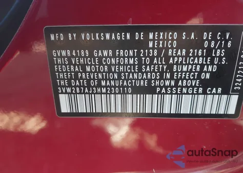 2017 Volkswagen Jetta 1.4T S z USA, uszkodzony, nr VIN 3VW2B7AJ3HM230110